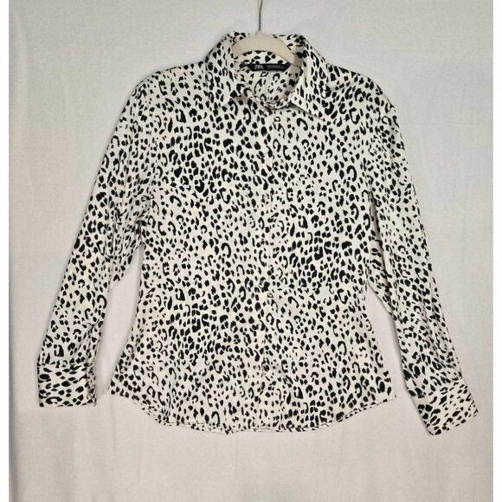 Zara Black and White Leopard-Print Button Down Shirt